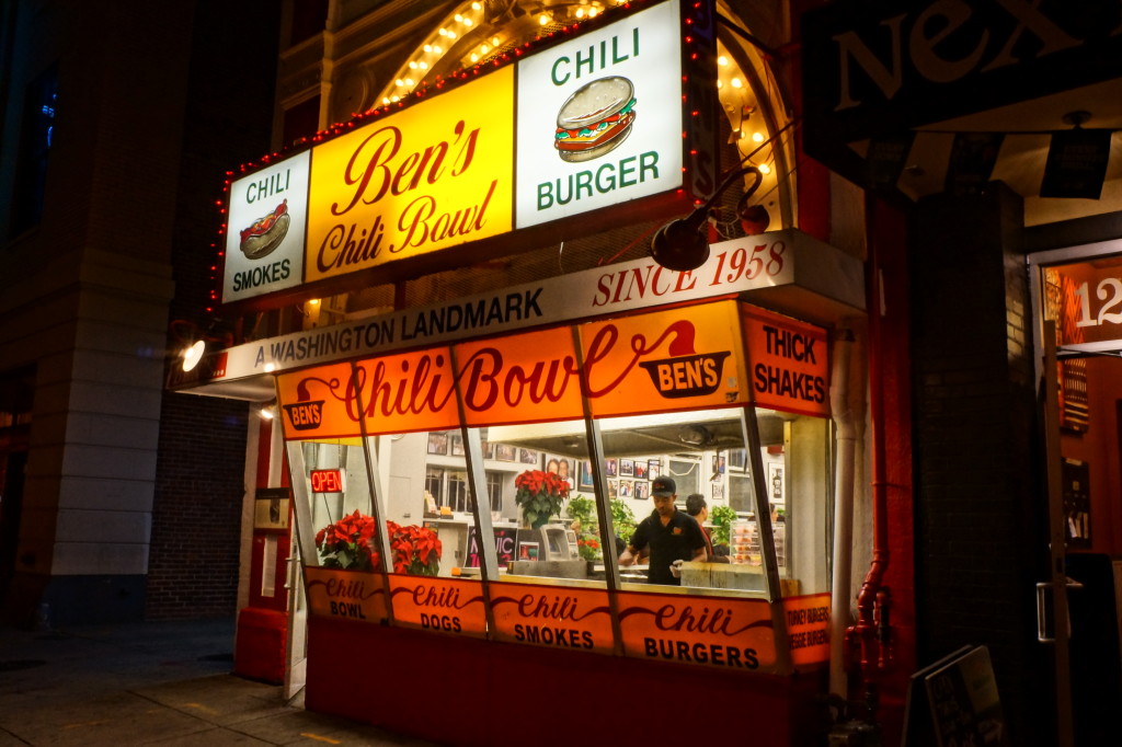 Nighttime photo of Ben's Chili Bowl exterior